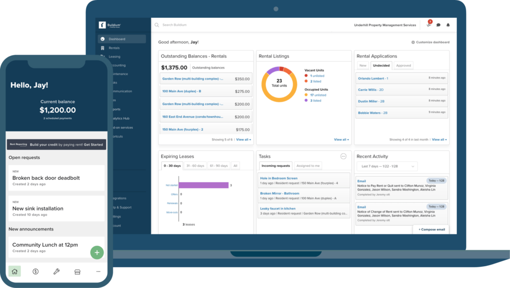 Buildium’s property management dashboard overview