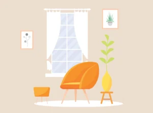 A graphic image of a bright orange chair and a lush green plant placed in front of a window, creating a cozy atmosphere.