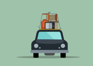 A flat design illustration of a car with luggage securely placed on its roof, ready for a road trip adventure.