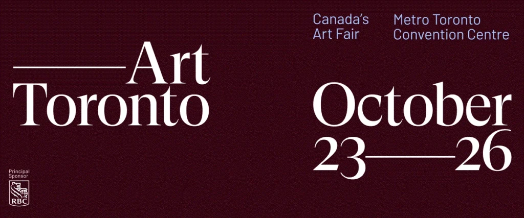 Event banner/logo for Art Toronto, Canada's Art Fair, held at the Metro Toronto Convention Centre from October 23–26. The background is a deep reddish-purple, and all text is white. The RBC logo is visible in the lower left as the Principal Sponsor.