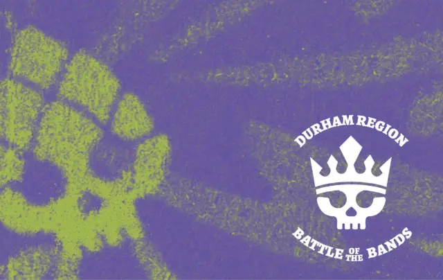 A dark purple background features a distressed, bright green skull and crown logo on the right side. Around the logo, curved text reads "DURHAM REGION" above and "BATTLE OF THE BANDS" below, suggesting branding for a music event. The overall design has a gritty, punk rock aesthetic.