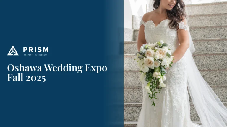 Cover for an article about the Oshawa Wedding Expo Fall 2025. The image is split: the left side has a dark blue background with the PRISM PROPERTY MANAGEMENT logo and the event text; the right side features a close-up photo of a bride in a lace wedding gown holding a large white and pink floral cascading bouquet while standing on a staircase.