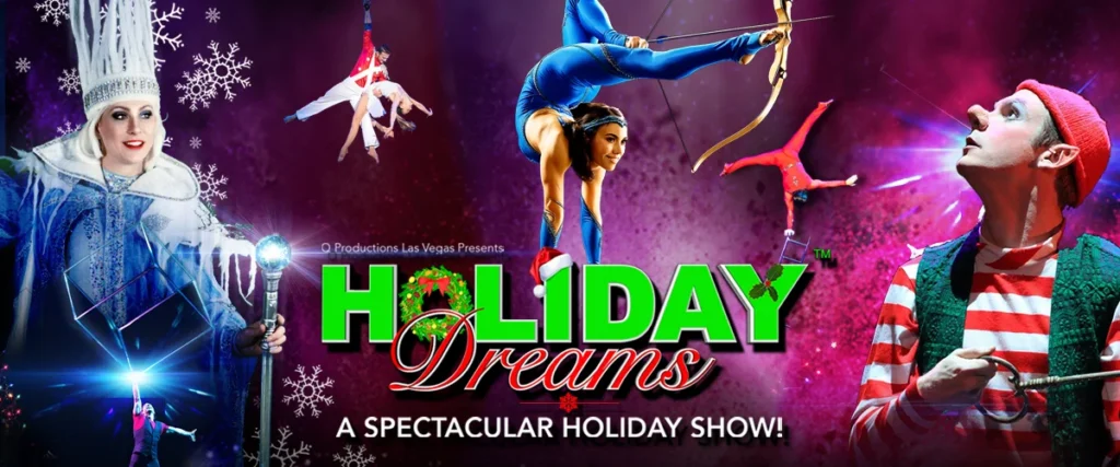 A promotional banner for "Holiday Dreams" features a winter queen, an elf, and an acrobat archer against a magenta background with snowflakes.