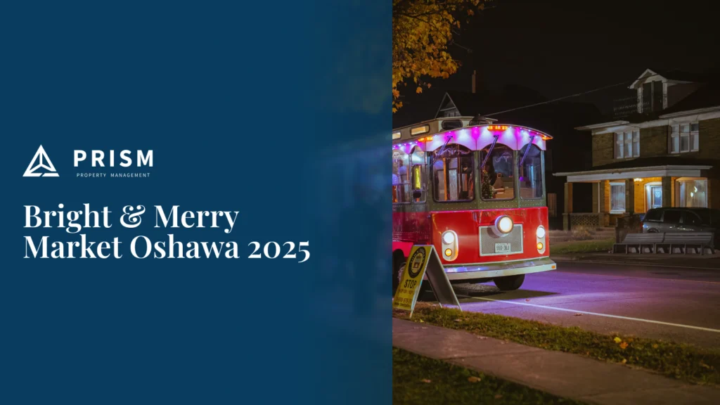 A dark night photo shows a vintage red trolley bus parked on a street, illuminated by festive pink and white lights. A residential house with glowing windows is visible in the background, next to a text overlay for the "Bright & Merry Market Oshawa 2025."