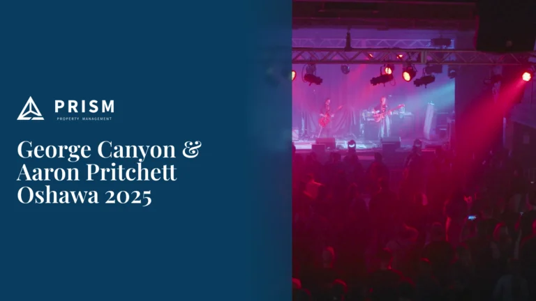 A concert crowd watches a band perform on stage under bright red and pink stage lights. The image promotes the "George Canyon & Aaron Pritchett Oshawa 2025" music event.