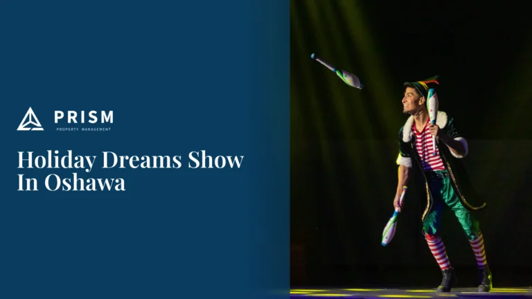 An elf-costumed performer smiles while juggling clubs on stage. The image advertises the "Holiday Dreams Show In Oshawa."