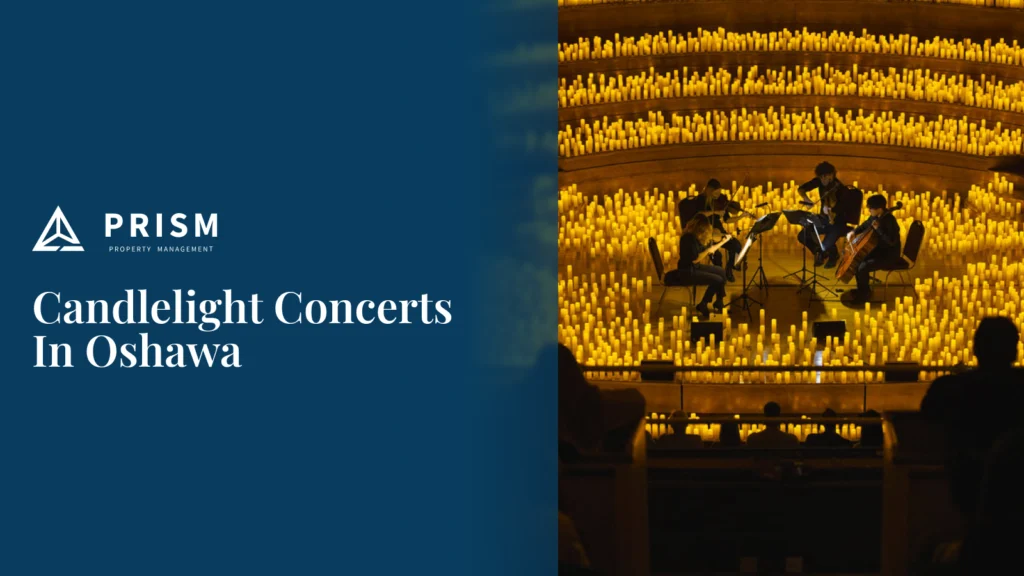 Promotional banner for Candlelight Concerts in Oshawa, featuring a string quartet performing surrounded by glowing candles.