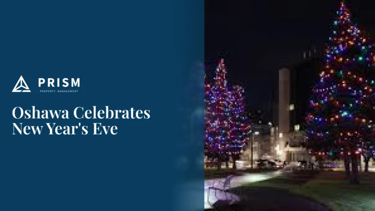 A blue graphic for Prism Property Management titled "Oshawa Celebrates New Year's Eve" features a nighttime photo of lit Christmas trees and a city building.