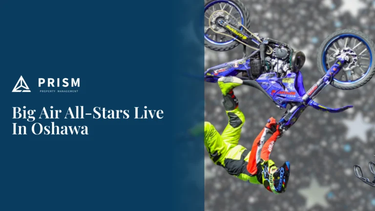 Motocross rider performing a midair stunt beside text reading “Big Air All-Stars Live in Oshawa” and the PRISM Property Management logo.