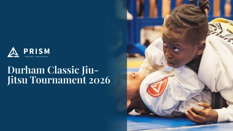 Promotional graphic for Prism Property Management titled "Durham Classic Jiu-Jitsu Tournament 2026," featuring two competitors grappling on a mat.