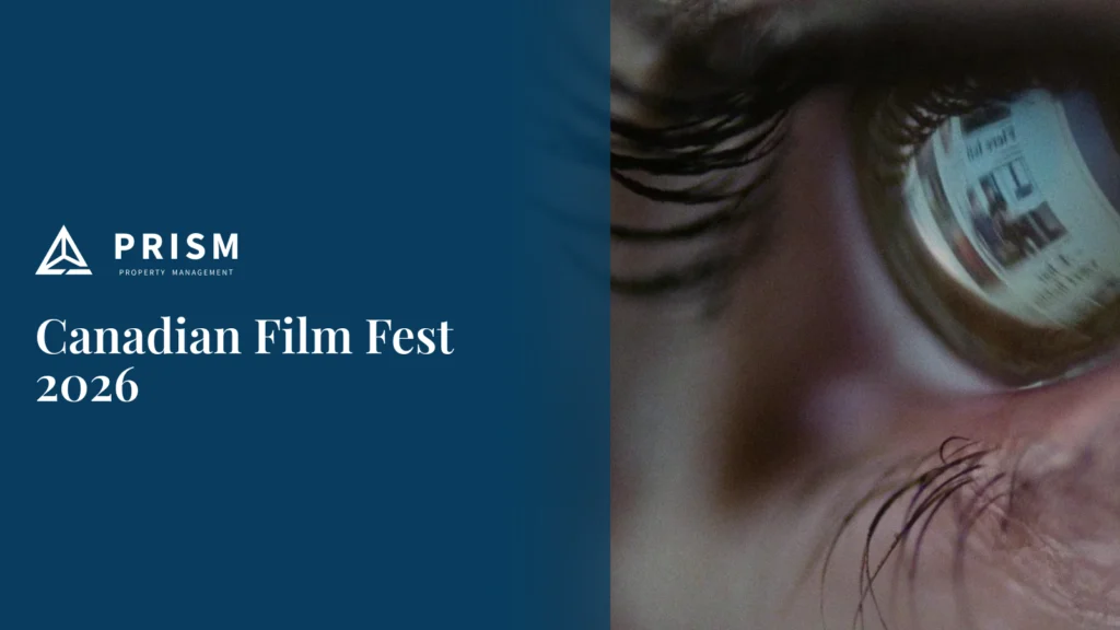 Extreme close-up of an eye reflecting a movie screen titled "Canadian Film Fest 2026."