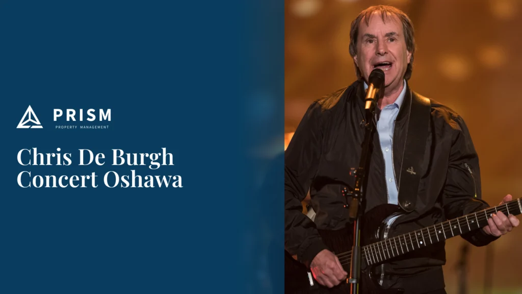 Chris De Burgh performing with a guitar titled "Chris De Burgh Concert Oshawa."