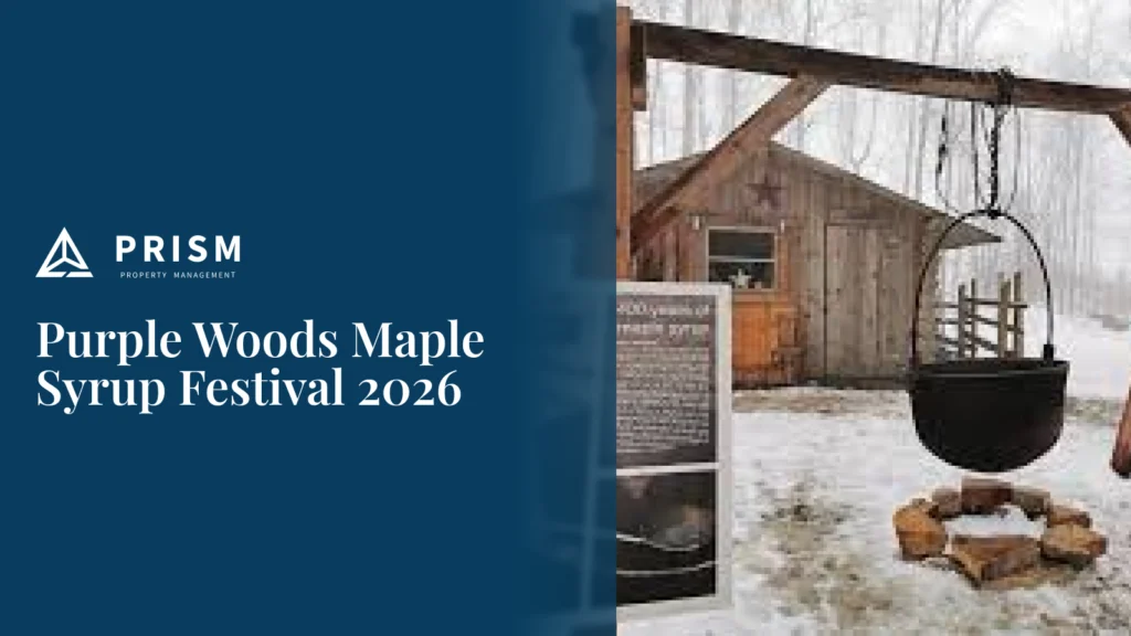 Outdoor scene titled "Purple Woods Maple Syrup Festival 2026" featuring a large black kettle hanging over a fire pit in front of a rustic wooden cabin.