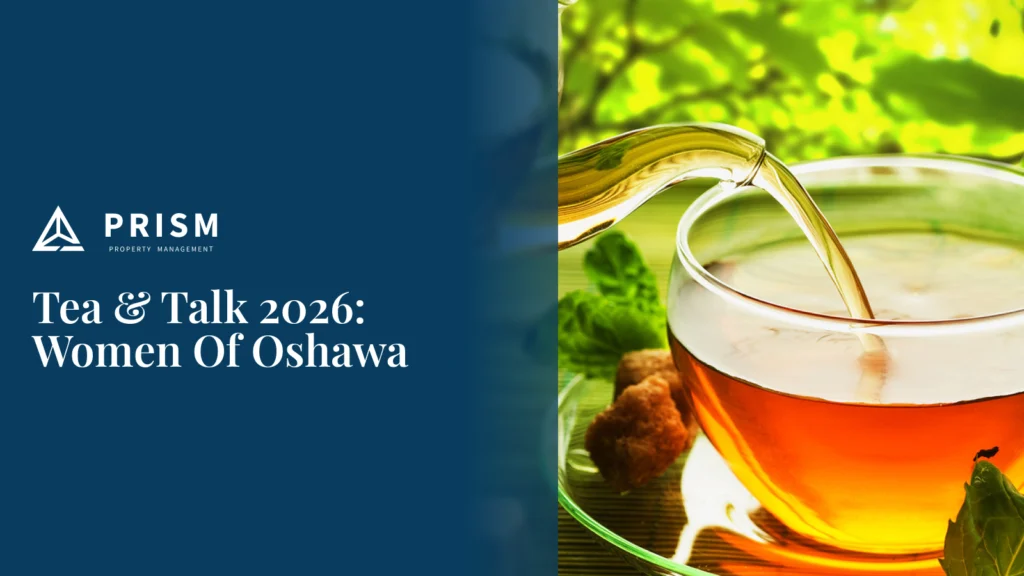 Tea being poured into a glass cup titled "Tea & Talk 2026: Women Of Oshawa."