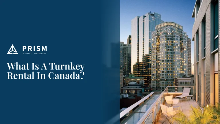 An informational graphic titled "What Is A Turnkey Rental In Canada?" paired with a photo of a luxury high-rise balcony overlooking a dense city skyline at sunset.