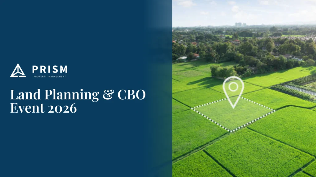 Land Planning & CBO Event 2026 announcement with Prism Property Management logo